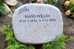 Steinhagen, Rasengrab mit Granitliegestein, Rose und vertiefter Schrift